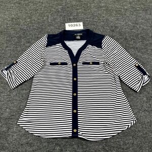 Elie McCarthy Blouse Top Womens P Medium White Black Striped V Neck Button Front